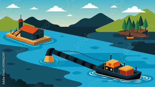 Closeup of a sy black containment boom being attached to boats and stretched across the surface of a river to control an oil spill.. Vector illustration
