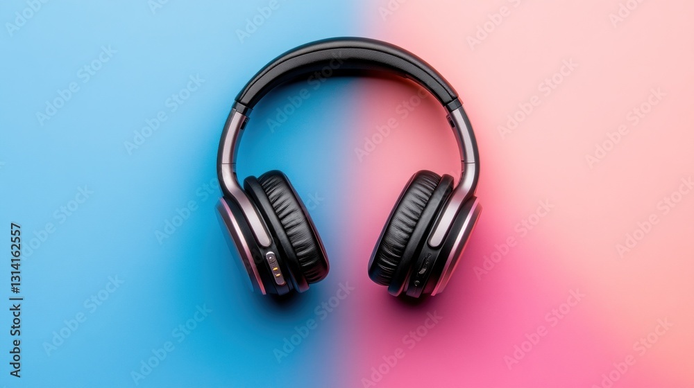 Stylish black headphones on a vibrant color gradient background Stylish black headphones on a vibrant color gradient background