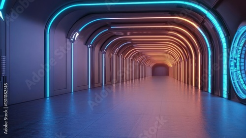 Futuristic Tunnel Interior With Blue And Orange Neon Lights In Perspective View
