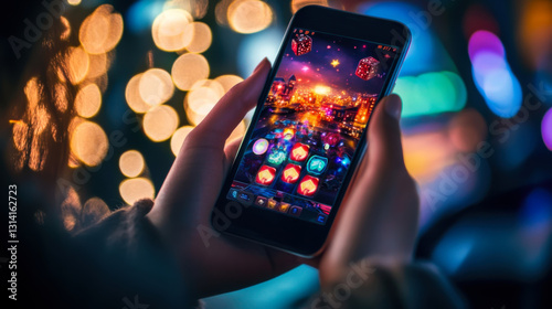 Wallpaper Mural Engaging in mobile gaming with colorful slot machine graphics during a festive evening Torontodigital.ca