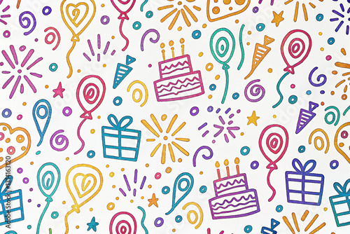 Colorful hand-drawn birthday party pattern with balloons, cake, gifts, and fireworks.