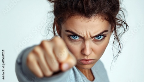 Fist of Determination: A determined woman throws a clenched fist forward in a striking pose, conveying a strong sense of resolve and intensity. Close-up shot.