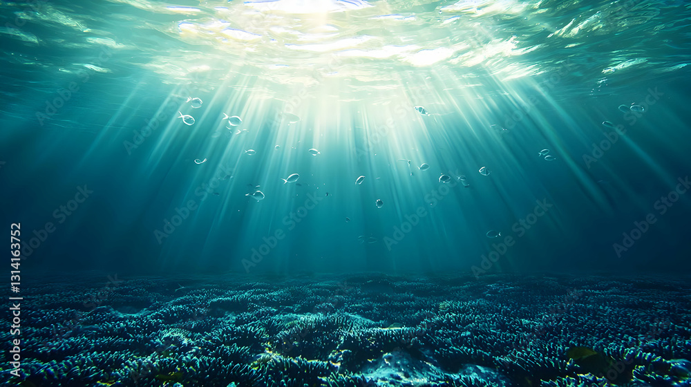Underwater Ocean Scene With Sunlight Beams Illuminating The Turquoise Water And Dark Seabed In A Serene Deep Blue Marine Environment Underwater Ocean Scene With Sunlight Beams Illuminating The Turquoise Water And Dark Seabed In A Serene Deep Blue Marine Environment