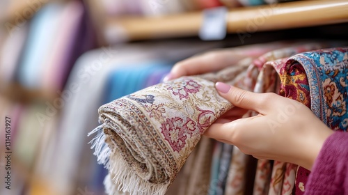 Woman Holding Floral Patterned Shawl or Rug in Store Aisle
