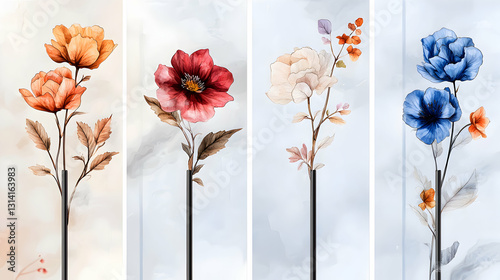Four Delicate Watercolor Flowers Displayed in a Vertical Arrangement