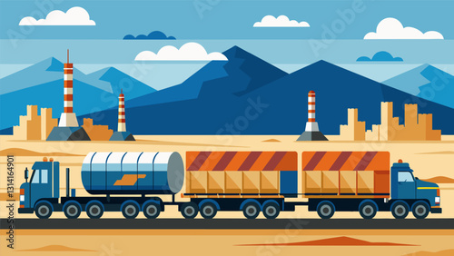 Large specialized trucks haul massive quantities of oil from distant drilling sites to the asphalt production facility ensuring a steady supply of raw. Vector illustration