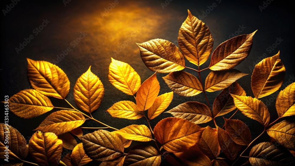 Fototapeta premium Abstract autumn art: golden leaves stark against a black backdrop, capturing fall's essence.