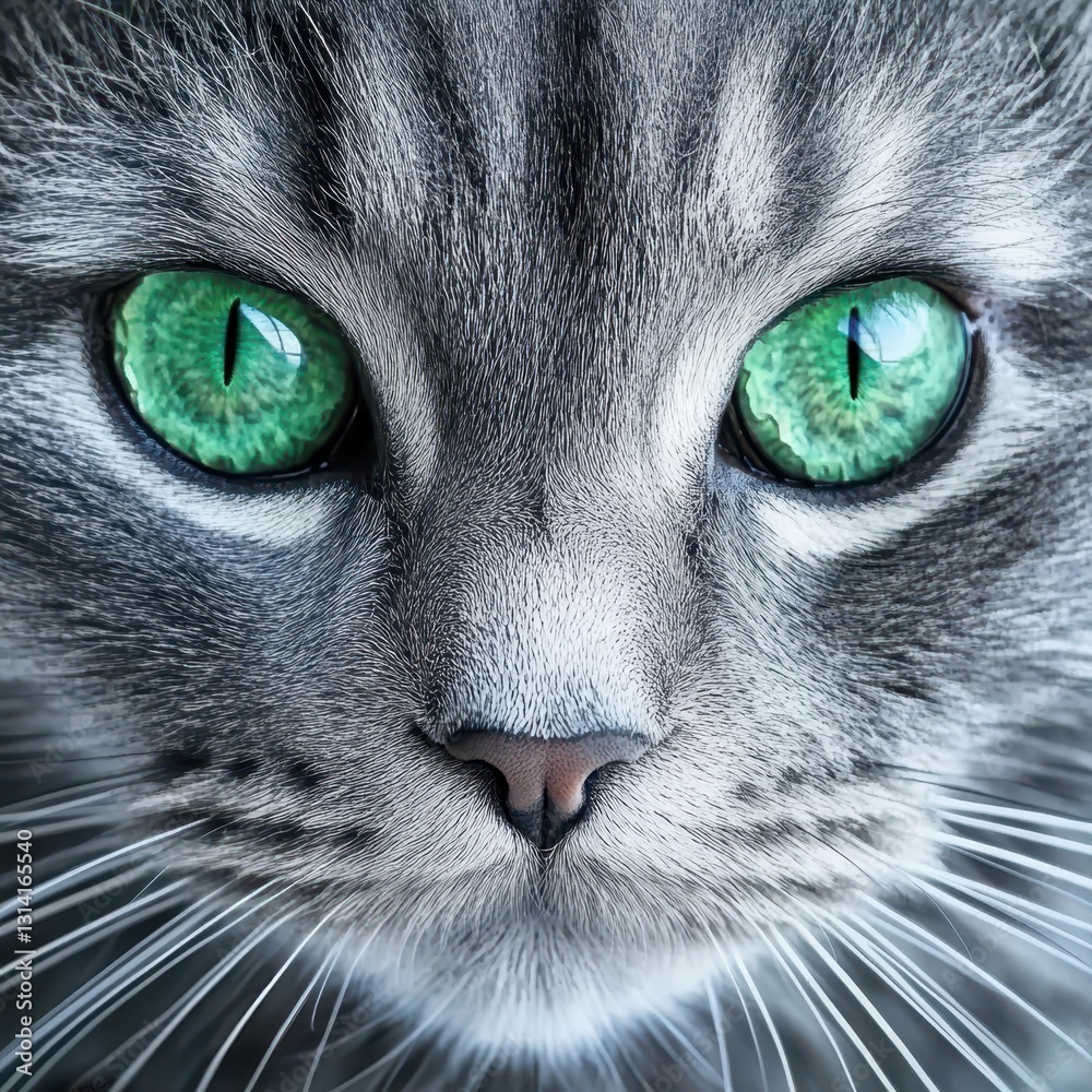 Close-Up Portrait of Sleek Gray Tabby Cat with Striking Green Eyes Close-Up Portrait of Sleek Gray Tabby Cat with Striking Green Eyes