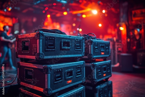 Equipment cases and crates for concert preparation, backstage setup, tools, and gear