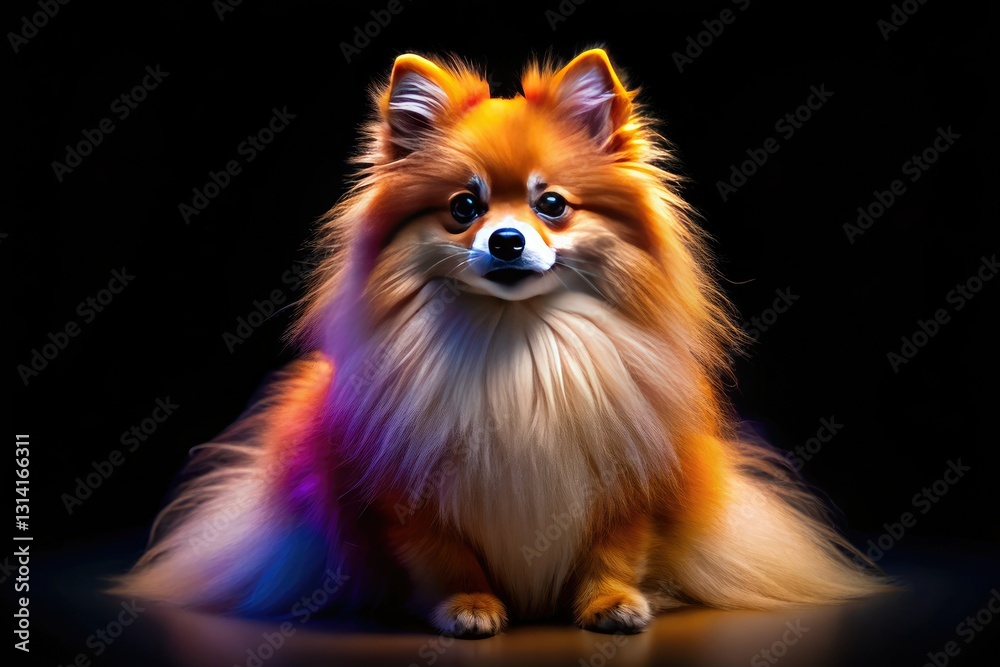 Adorable fluffy Spitz puppy, isolated on a black background, captured in a stunning night studio portrait. Adorable fluffy Spitz puppy, isolated on a black background, captured in a stunning night studio portrait.