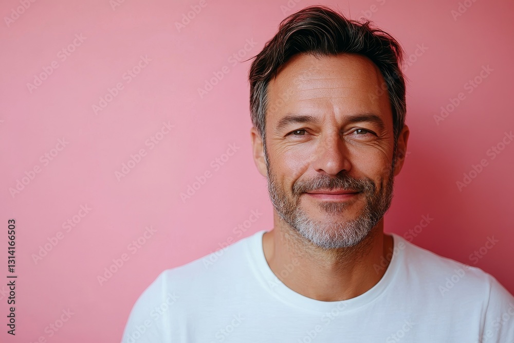 Fototapeta premium minimalistic portrait of adult European middle-aged man in white T-shirt on pink background