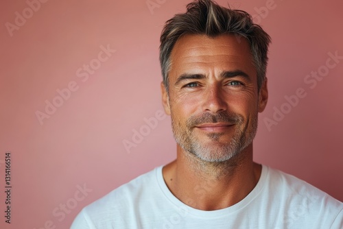 minimalistic portrait of adult European middle-aged man in white T-shirt on pink background, mature, businessman