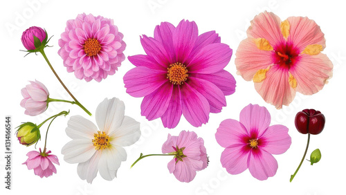 Pink floral arrangement, macro photography, delicate petals, vibrant cosmos flowers, soft dahlia bloom on transparent background