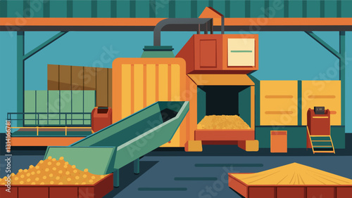 Inside a bustling processing facility a massive machine compresses the dried wood chips into small dense pellets.. Vector illustration