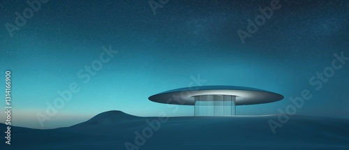Fototapeta Naklejka Na Ścianę i Meble -  Digital illustration of a futuristic spaceship flying over a desert landscape. the sky is a deep blue with small white dots scattered across it, creating a starry night sky.