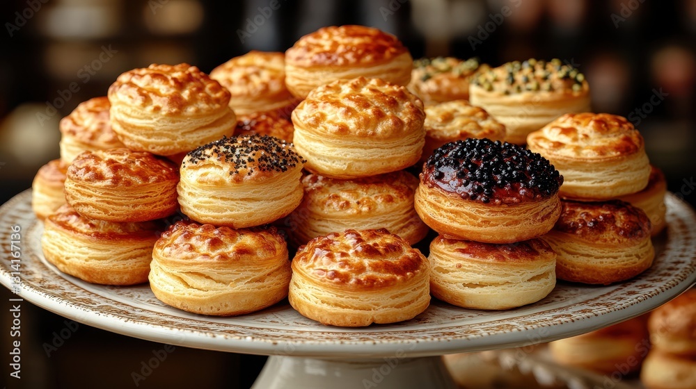 A pile of golden chouquettes sprinkled with sugar, elegantly arranged on a ceramic plate A pile of golden chouquettes sprinkled with sugar, elegantly arranged on a ceramic plate