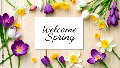 Welcome Spring Floral Arrangement on Light Wood