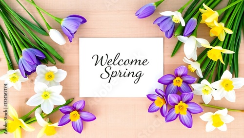 Welcome Spring Floral Arrangement on Light Wood