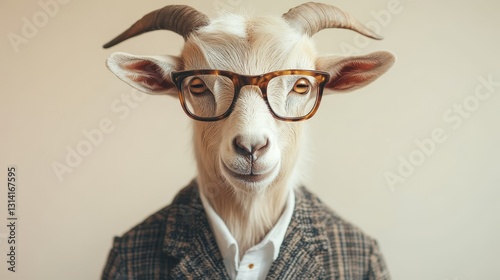 abstract portrait of goat in classic suit with glasses on light background, auditor, examiner