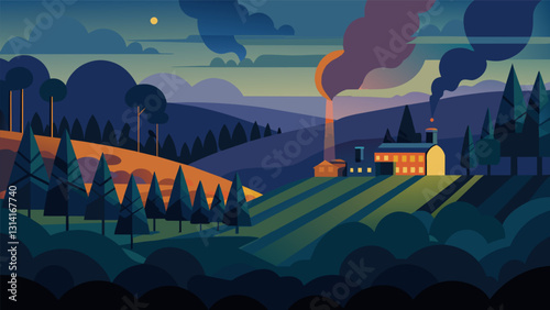 As the sun sets the lights of the coking plant illuminate the surrounding area providing a stark contrast to the quiet fields and forests that. Vector illustration