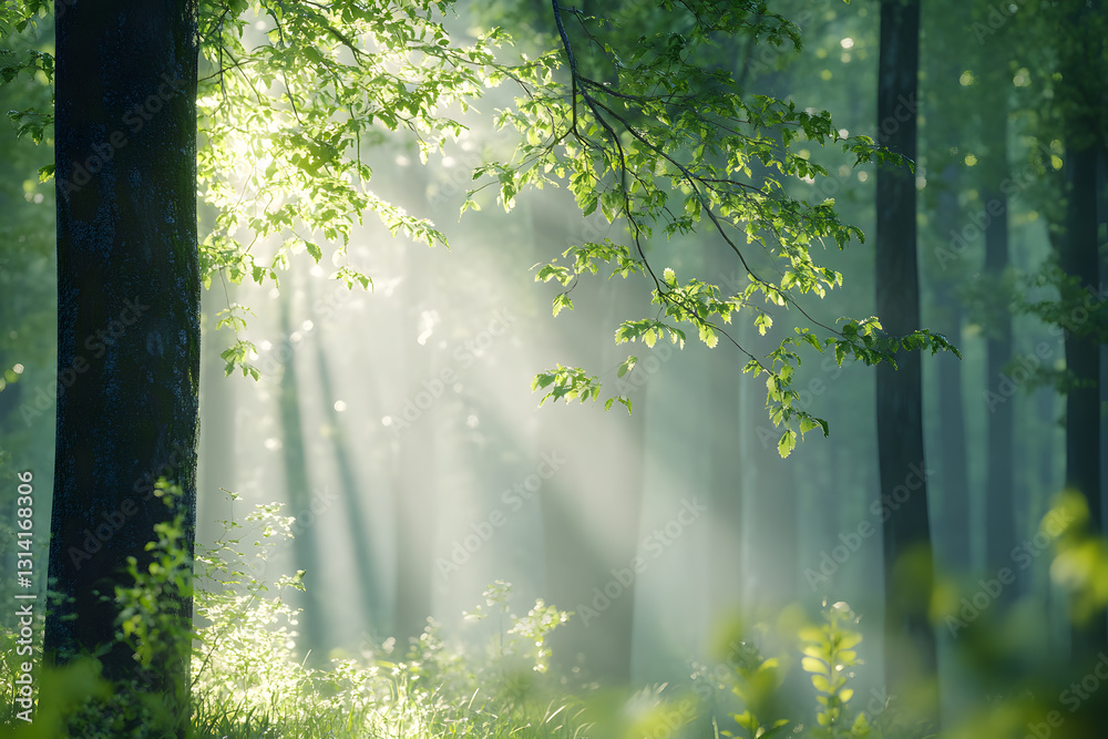 Sunlit Spring Forest with Lush Green Foliage in the Morning Sunlit Spring Forest with Lush Green Foliage in the Morning