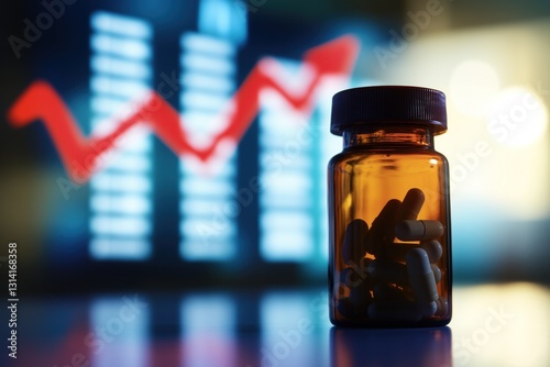 Medicine costs rising, pill bottle and upward trending graph illustrating increasing pharmaceutical expenses