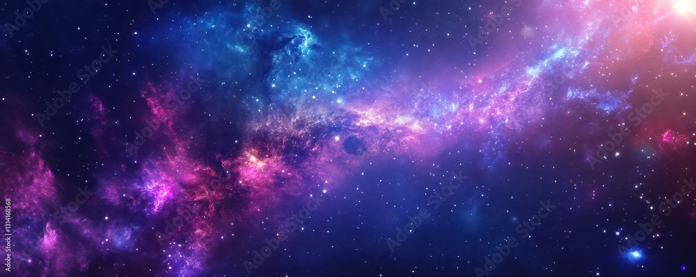 Obraz premium A vibrant galaxy swirls with a spectrum of colors, showcasing deep blues, purples, and pinks. Countless twinkling stars dot the scene, while a radiant light source illuminates the cosmic expanse.
