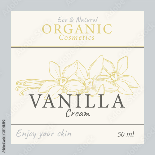 Vanilla-scented cream label. Packaging of Vanilla cosmetics for skin. Aromatherapy and spa. Design template with hand drawn graphics.