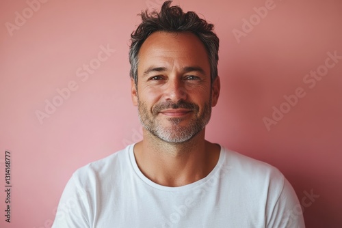 Wallpaper Mural minimalistic portrait of 50 years old man in white T-shirt on pink background, mature businessman Torontodigital.ca