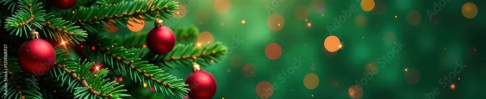 Fototapeta premium Lush green pine boughs laden with colorful ornaments , green, baubles