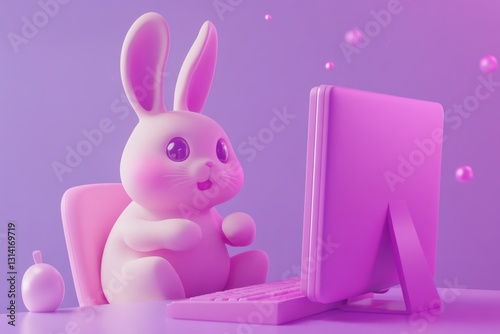 Adorable 3D cartoon bunny sits at a pink computer, a cute digital illustration.