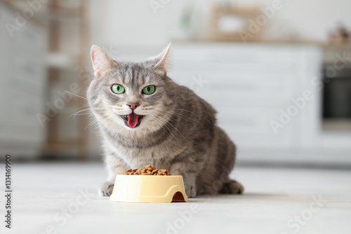 Cute cat with bowl full of ...