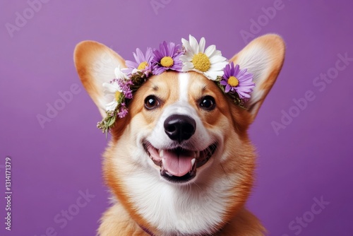 Cute baby dog pharaoh hound wearing fierce flower circlet on its head - symbol of sunny holiday season. Isolated blue background, copy space, ad conceptual art. Professional studio artwork. photo