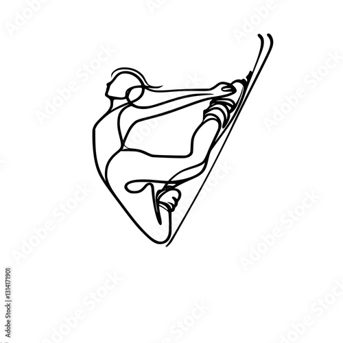 Minimalistic black and white outline vector illustration of a falling skier in skis in an unnatural pose