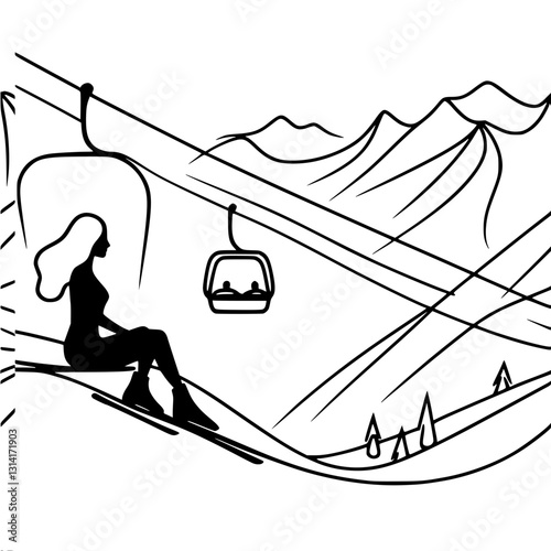 Minimalistic black and white outline vector of a female skier against the background of a ski lift and mountain landscape. Perfect for winter sports and nature themes.