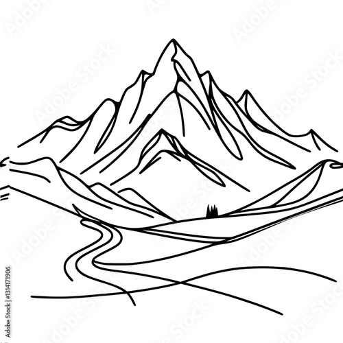 Line vector outline simple drawing of snowy landscape with winding road narrow path in gorge