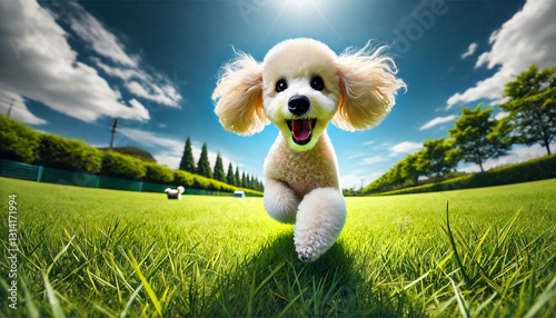 Portrait of a Happy Poodle Running on a Green Lawn,Energetic dog