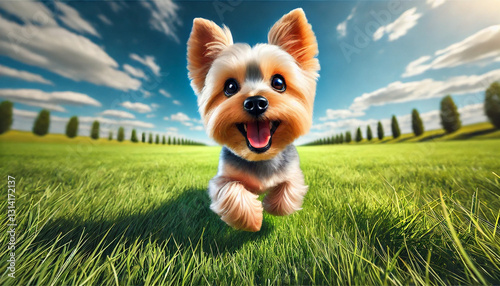 Portrait of a Happy Yorkshire Terrier Running on a Green Lawn,Energetic dog