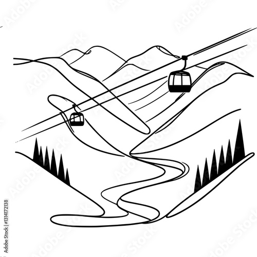 Minimalistic black and white outline vector illustration of two funiculars moving over a mountain landscape with a winding road and triangle trees.