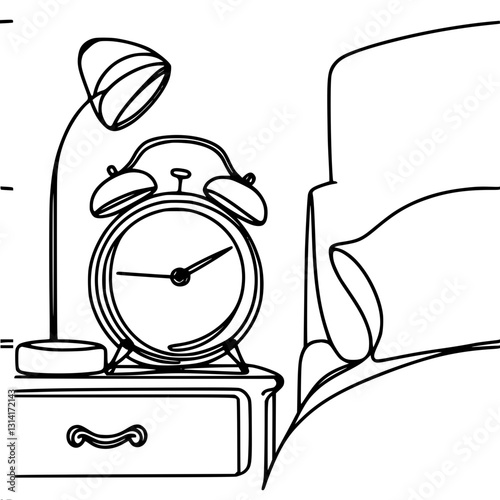 Line vector outline simple drawing of bedside table with alarm clock, table lamp and part of bed with pillow.