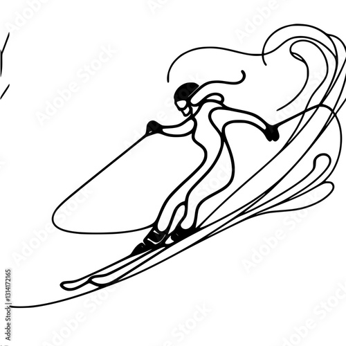 Minimalistic black and white outline vector silhouette of a skier rushing down a mountain at high speed, snow from the skis behind