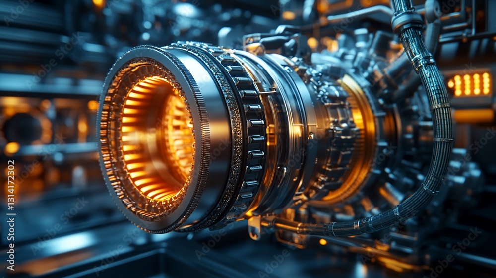 Turbine core glows. Complex engine, detailed machinery against blurred metal backdrop Turbine core glows. Complex engine, detailed machinery against blurred metal backdrop