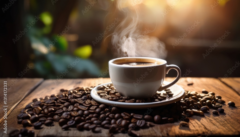 a cup of hot coffee is placed on a wooden table, surrounded by roasted coffee beans, the steam rises from the beverage. The atmosphere is warm and inviting. a cup of hot coffee is placed on a wooden table, surrounded by roasted coffee beans, the steam rises from the beverage. The atmosphere is warm and inviting.
