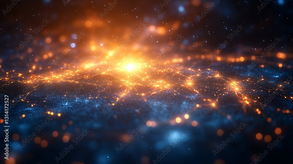 Fototapeta premium Abstract glowing energy field with orange and blue particles.