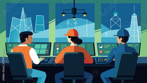 The operators sit at their stations their eyes darting from screen to screen constantly analyzing data and making adjustments to the electric grids. Vector illustration
