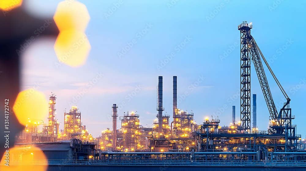 Obraz premium Illuminated Petrochemical Refinery Plant At Blue Hour With Industrial Crane And Complex Metal Structures