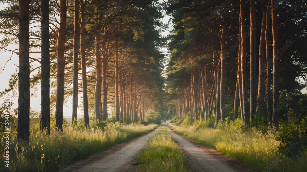 Fototapeta premium A sunlit path through a forest of tall pine trees, with sunlight filtering through the needles.
