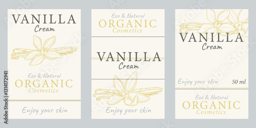 Vanilla-scented cream label set. Packaging collection of Vanilla cosmetics for skin. Aromatherapy and spa bundle. Design template with hand drawn graphics.