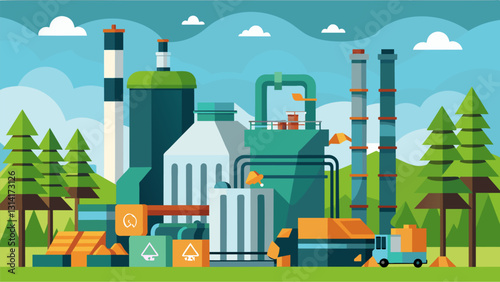 Surrounding the facility a forest of metal towers and pipes sprawl across the landscape a testament to the scale and complexity of the recycling. Vector illustration