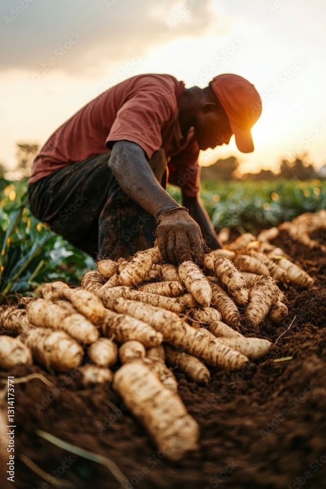 Farmer harvesting sweet potatoes